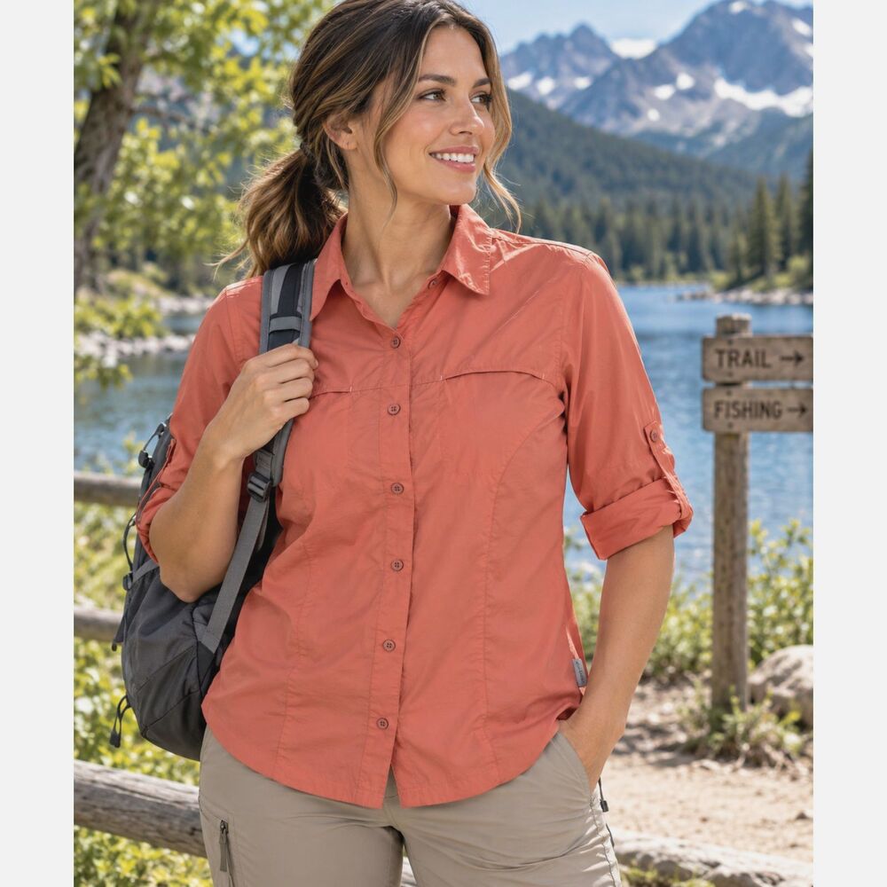 Columbia Titanium Women's Small Coral Roll Tab Sleeve Fishing Hiking Shirt #20